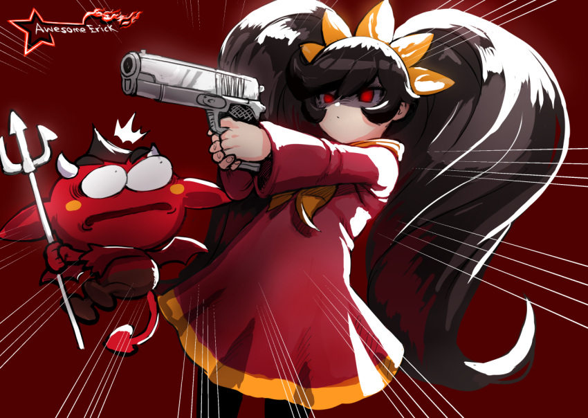 1girl, artist_logo, ashley_(warioware), awesomeerix, big_hair, black_hair, black_pantyhose, bow