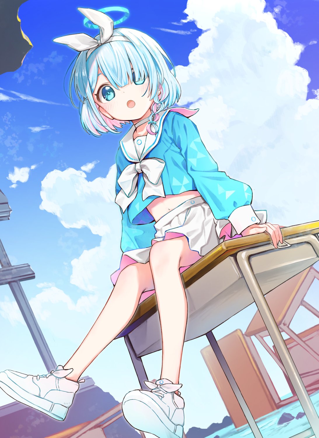 aishima_marota, arona_(blue_archive), blue_archive, blue_hair, blue_halo, blue_pupils, blue_serafuku, blue_shirt