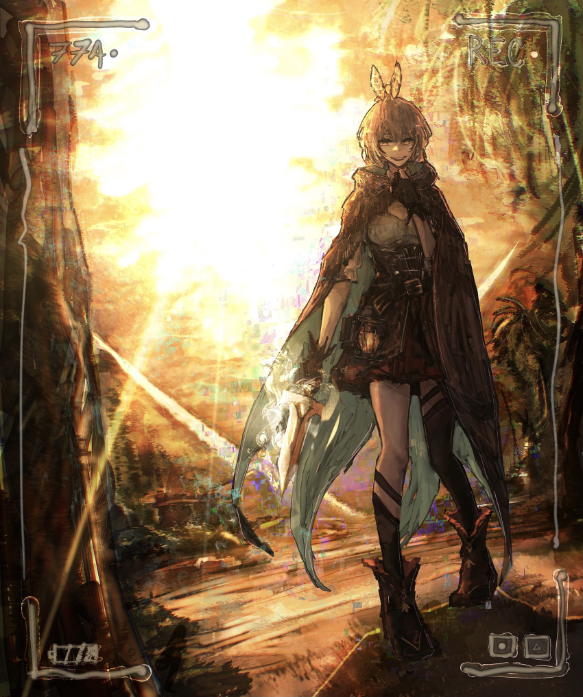 1girl, absurdres, ahoge, ankle_boots, antsplorer, asymmetrical_legwear, backlighting, battery_indicator