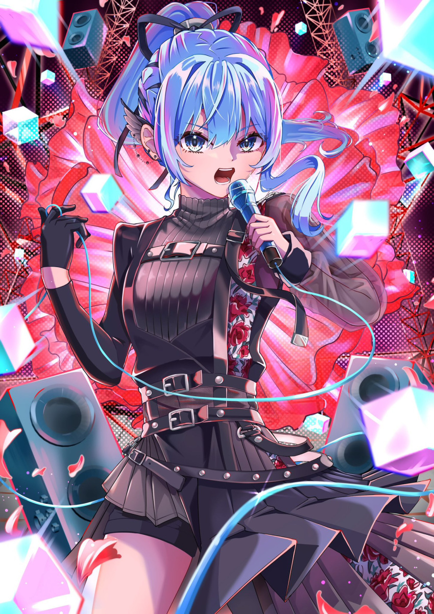 1girl, amplifier, belt, black_belt, black_gloves, black_skirt, blue_eyes, blue_hair
