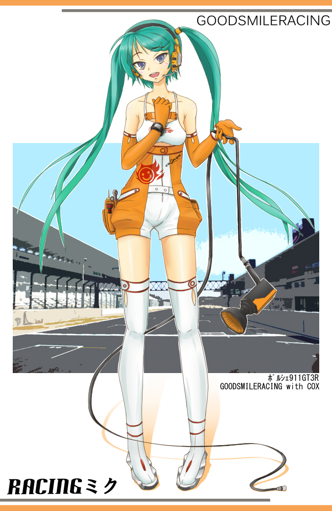 bare_shoulders, blue_eyes, blush, elbow_gloves, gloves, goodsmile_company, hand_on_chest, hand_on_own_chest