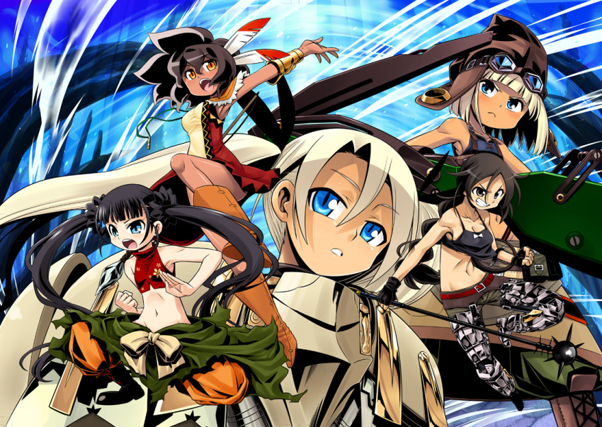 ballista_(sekaiju), beast_king_(sekaiju), black_hair, feathers, goggles, goggles_on_head, midriff, minami_juujisei