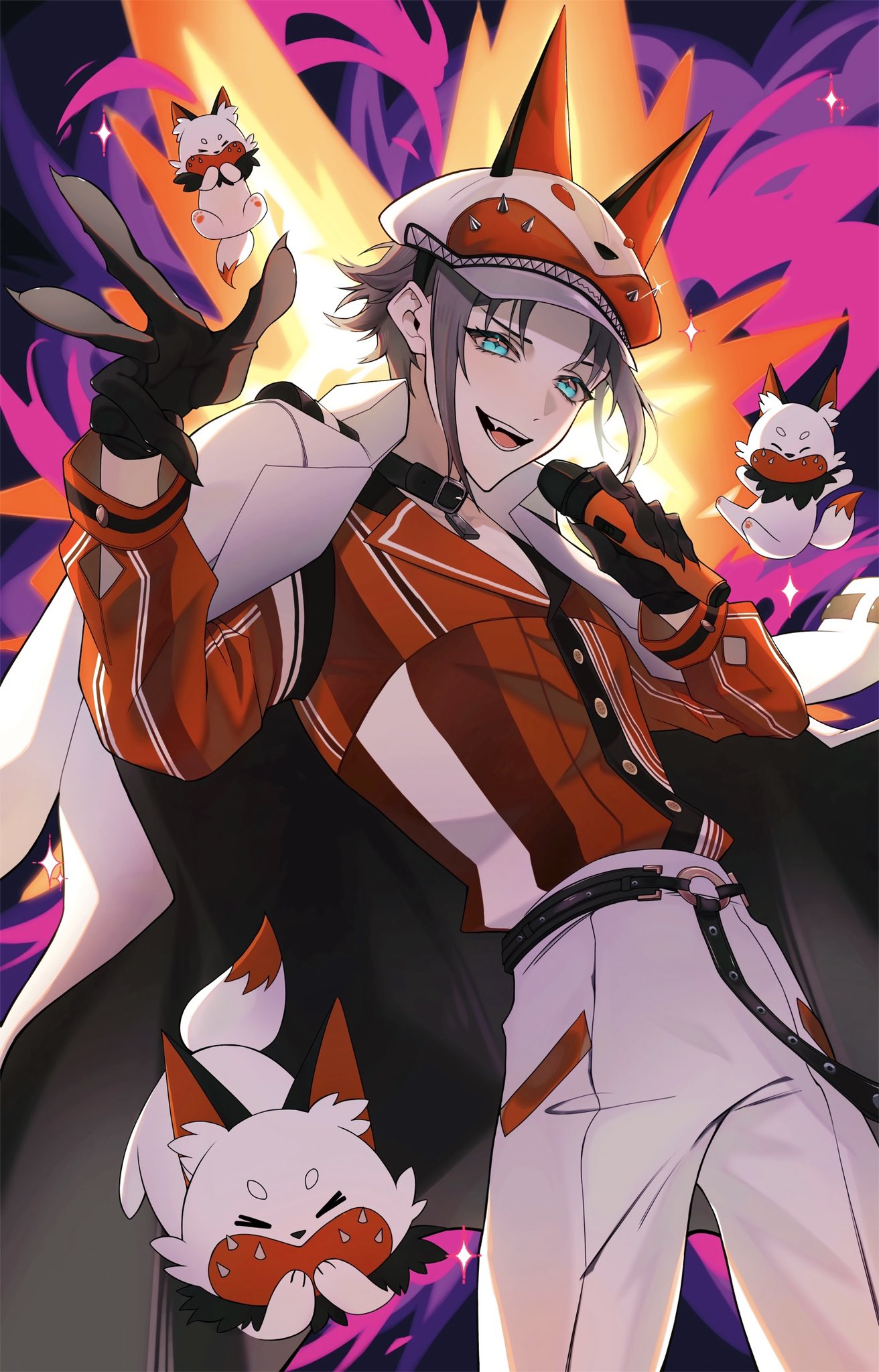 1boy, :d, aki_(aki_113), animal_ears, animal_hat, arm_up, belt, black_belt