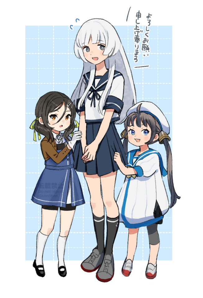 3girls, black_hair, black_socks, blue_eyes, blue_sailor_collar, blue_skirt, dress, flying_sweatdrops
