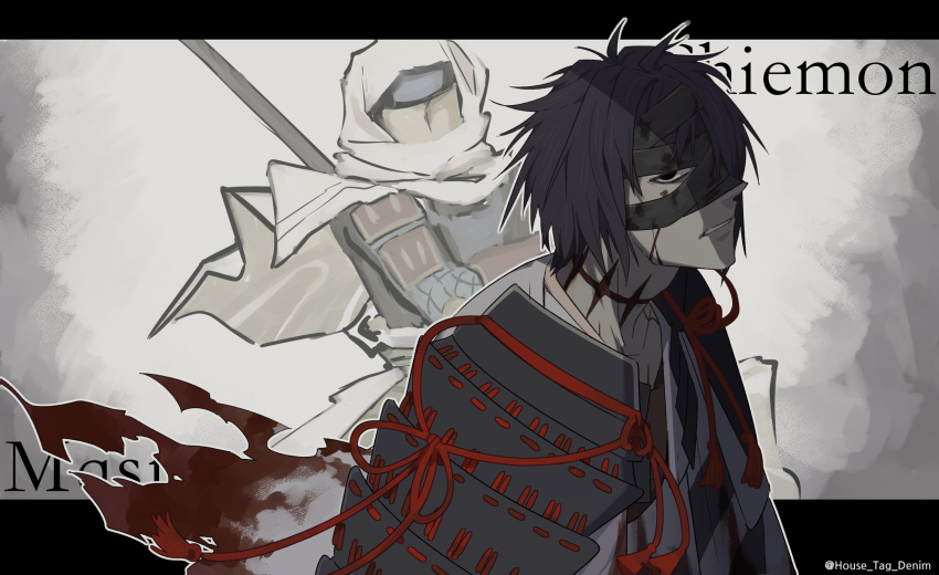 1boy, bandage_over_one_eye, bandages, black_eyes, black_hair, blood, chiemon_(fate), fate/samurai_remnant