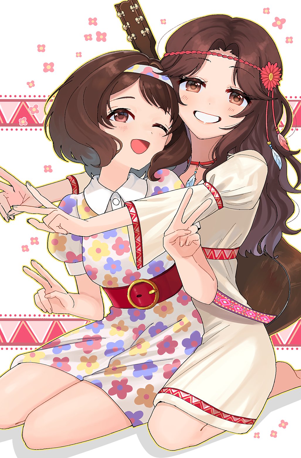 2girls, acoustic_guitar, ariura_kanna, belt, between_legs, brown_eyes, brown_hair, double_v