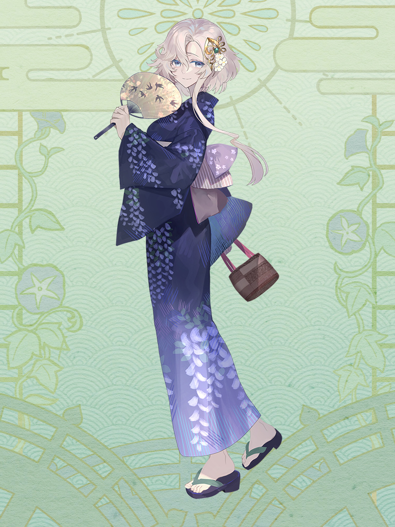 1girl, ame_tyaya, bag, blue_eyes, blue_kimono, dairoku_ryouhei, edith_echelle, floral_print, flower, full_body, green_background, hair_flower, hair_ornament, hand_fan, handbag, holding, holding_fan, japanese_clothes, kimono, looking_at_viewer, sandals, short_hair_with_long_locks, solo, standing, yukata