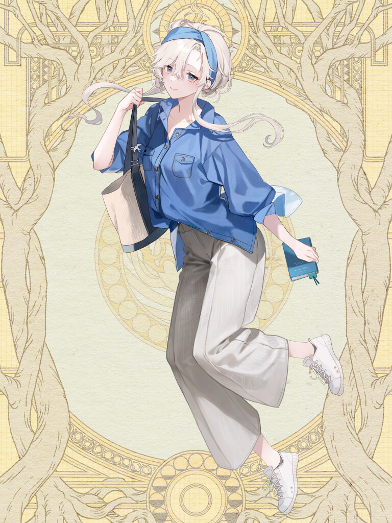 1girl, bag, blonde_hair, blue_eyes, blue_headband, blue_shirt, book, dairoku_ryouhei