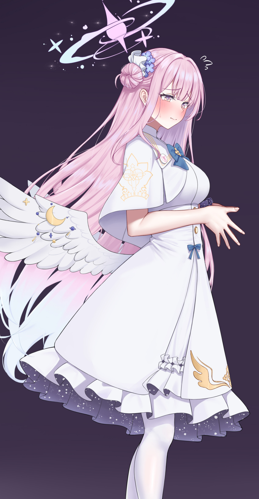 1girl, absurdres, angel_wings, badge, black_scrunchie, blue_archive, blue_bow, blush