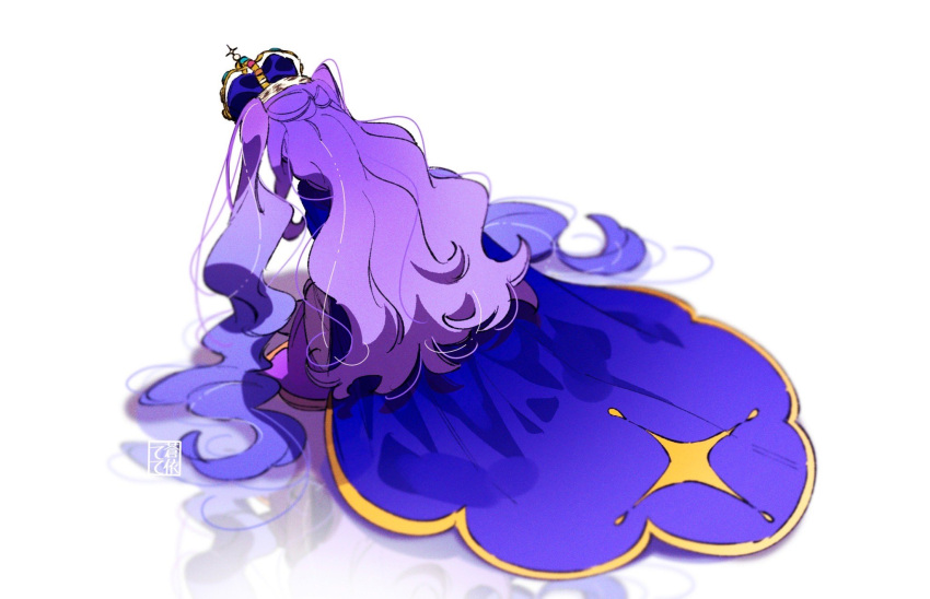 1girl, artist_logo, blue_cape, cape, commentary, crown, cure_majesty, dress