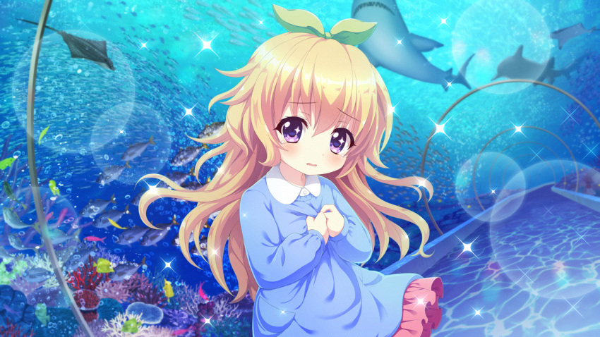 1girl, aged_down, aquarium_tunnel, blonde_hair, bow, child, clutching_chest, coral_reef