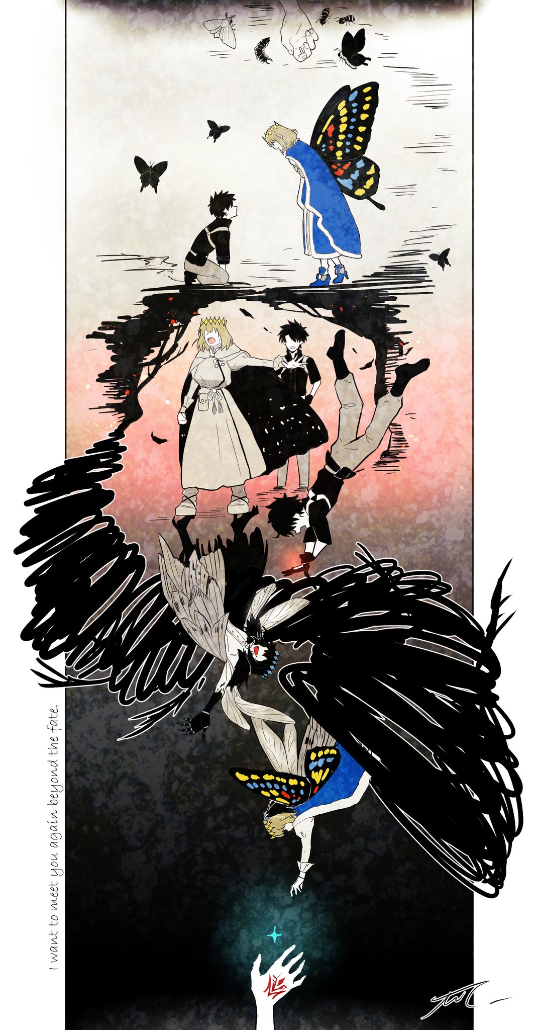 2boys, ant, arms_at_sides, black_gloves, black_hair, black_shirt, blanca_(fate), blue_cape