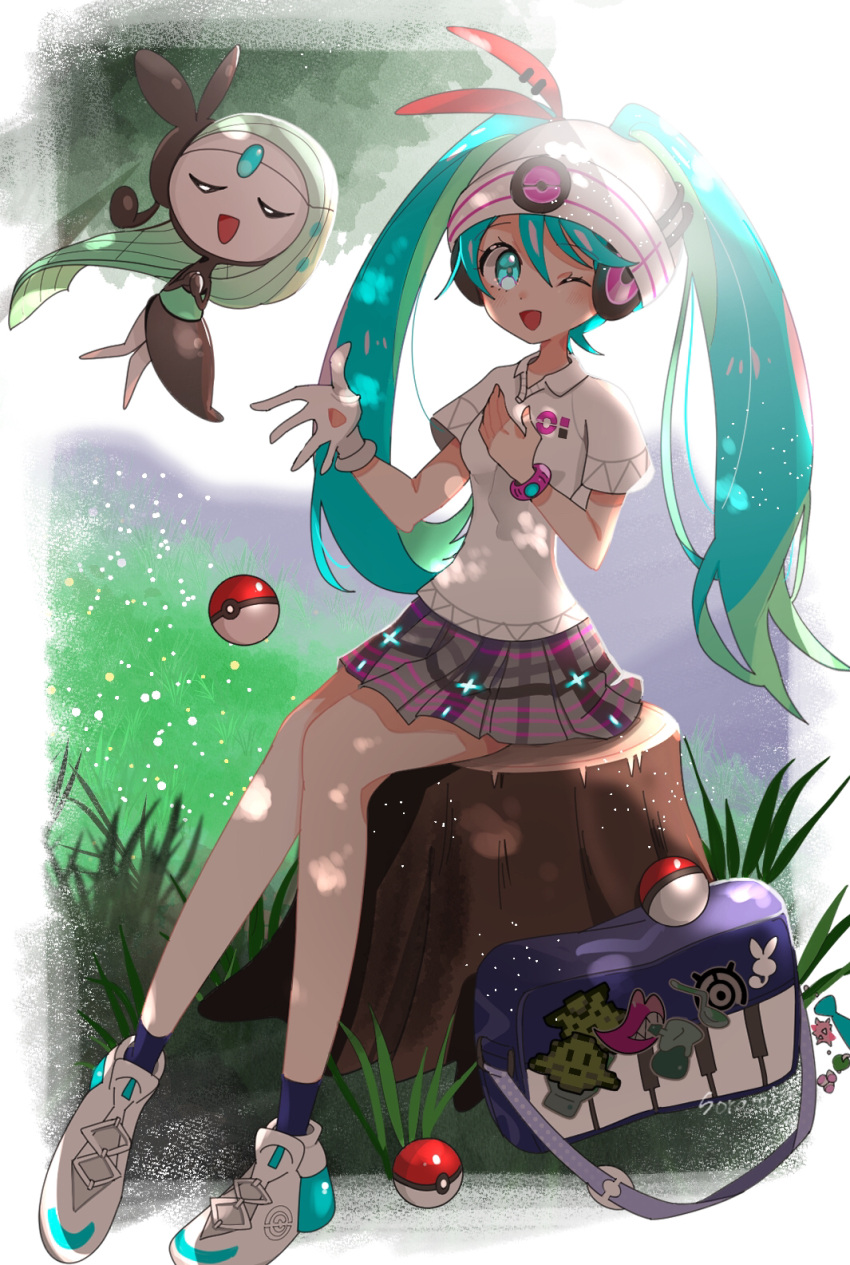 1girl, aqua_eyes, aqua_hair, bag, beanie, black_socks, collared_shirt, green_hair