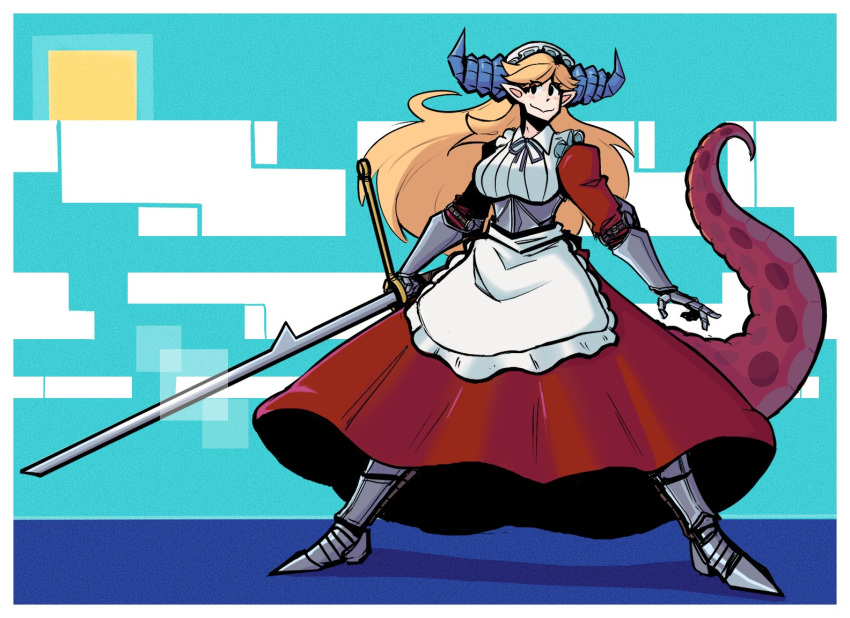 1girl, apron, armor, armored_boots, armored_dress, blonde_hair, blue_horns, boots