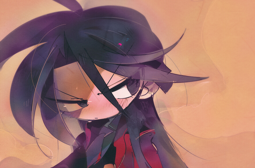 1boy, black_eyes, black_hair, blazer, brown_background, closed_mouth, collared_shirt, commentary_request, frown, grey_necktie, grey_shirt, hair_between_eyes, ichijou_seiya, jacket, kaiji, long_bangs, long_hair, looking_afar, looking_to_the_side, male_focus, necktie, red_jacket, shirt, simple_background, solo, suit, suzuka_g, upper_body, v-shaped_eyebrows