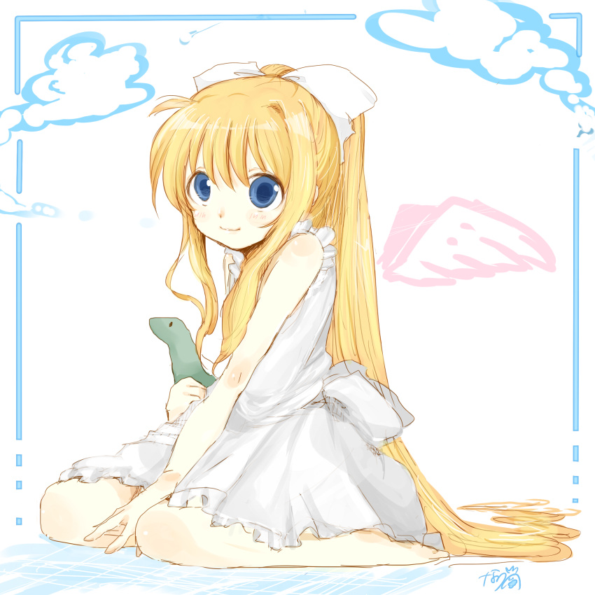 barefoot, blonde_hair, blue_eyes, dinosaur, dress, highres, kamio_misuzu, long_hair, natsu_(norari_kurari), ponytail, sitting, sketch, smile, stuffed_animal, stuffed_toy, sundress, transparent_background, wariza, wings