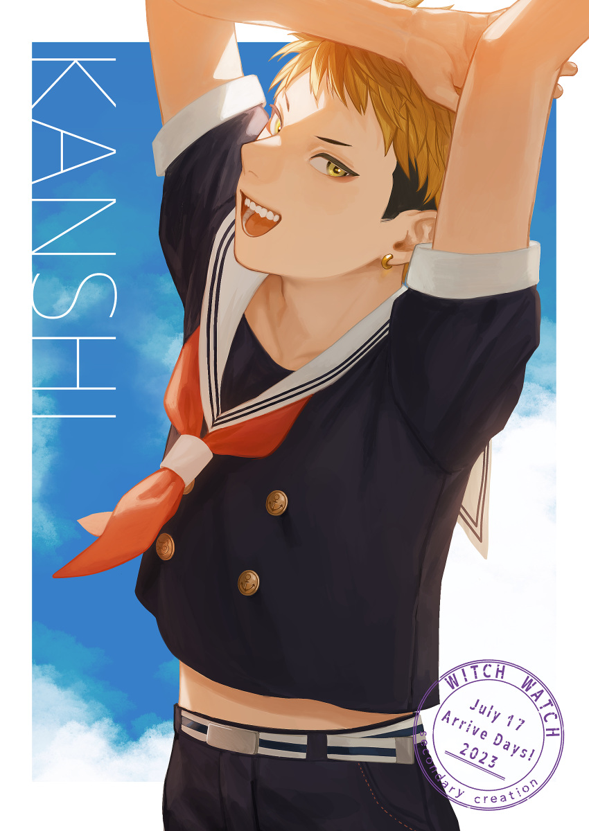 1boy, :d, absurdres, arms_up, black_hair, black_pants, black_shirt, blonde_hair