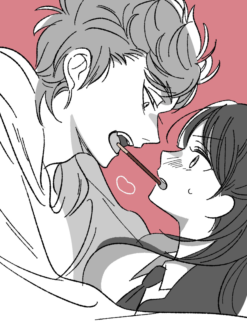 1boy, 1girl, blush, eye_contact, greyscale_with_colored_background, hetero, highres, incoming_pocky_kiss, long_hair, looking_at_another, miyao_nemu, open_mouth, pink_background, upper_body, witch_watch, wolf_(witch_watch), yoshitaka_(palooo)