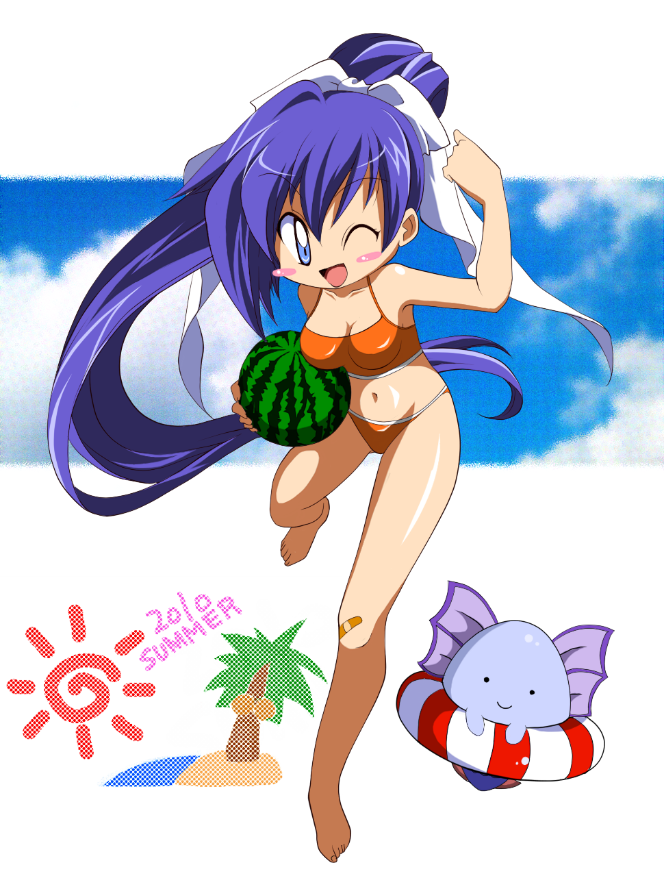 barefoot, bikini, blue_eyes, blue_hair, blush_stickers, food, fruit, highres