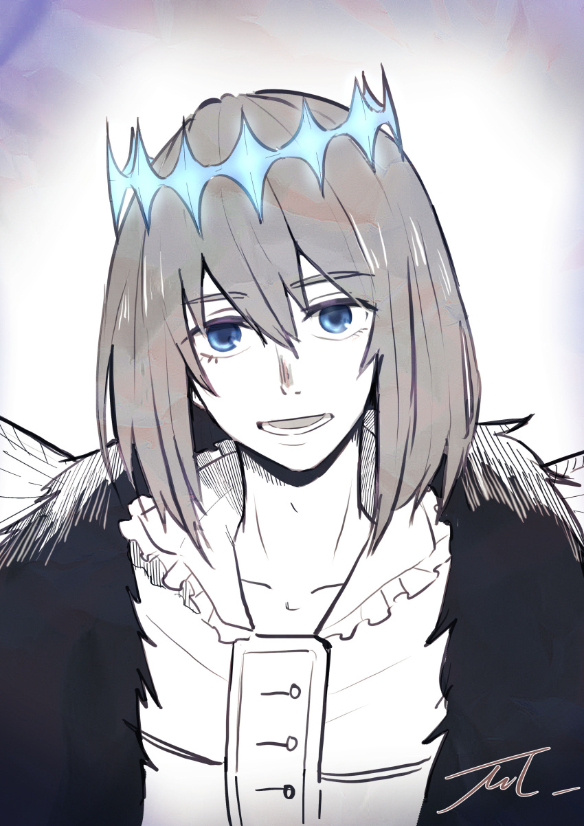 1boy, absurdres, blue_eyes, buttons, cloak, collarbone, diamond_hairband, dragonfly_wings