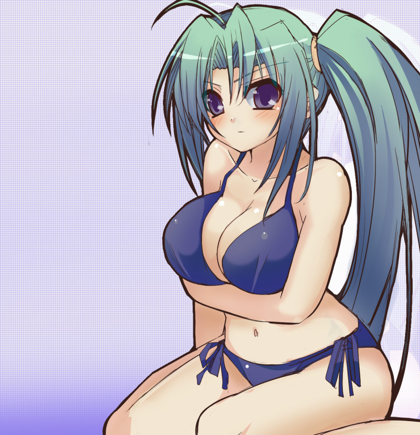 blue_eyes, green_hair, highres, jontake, long_hair, side_ponytail, soul_link, swimsuit