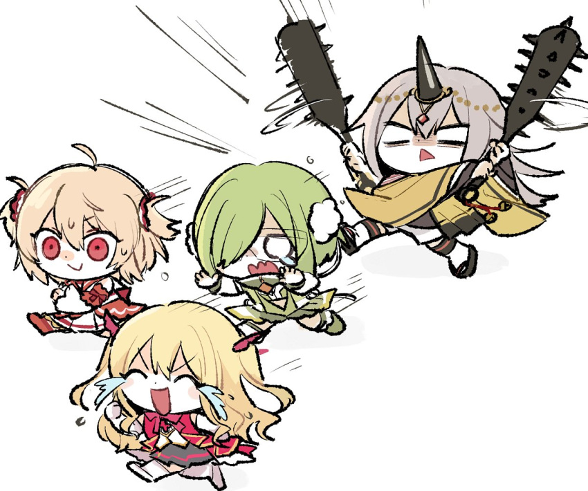 4girls, :d, ahoge, ami_ria, ayano_rika, bell, black_horns, blank_eyes