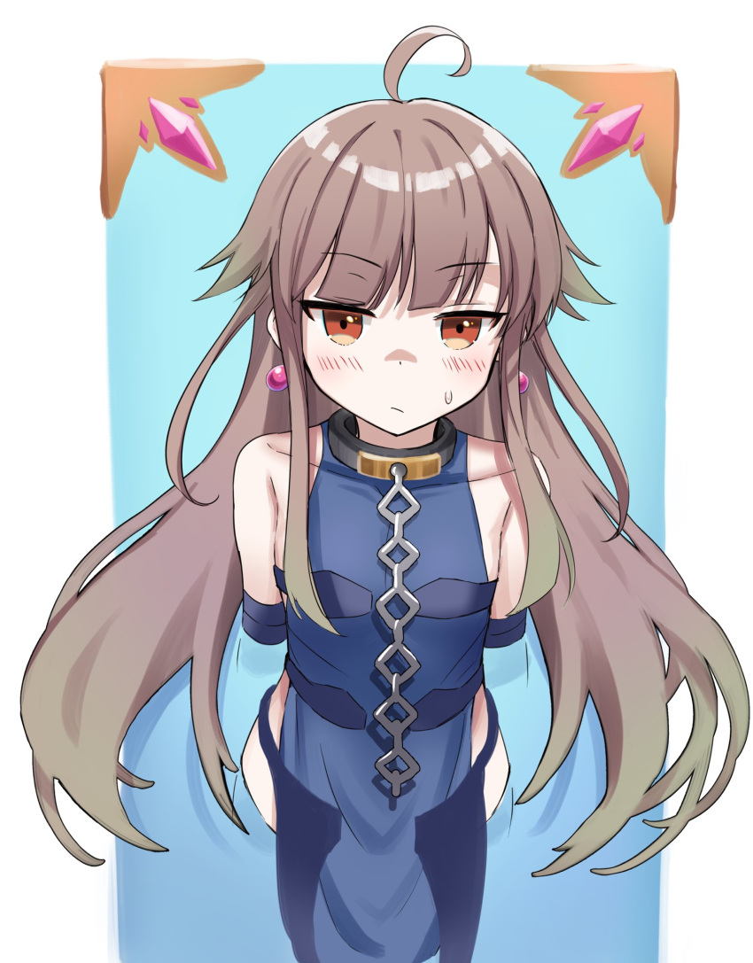 1girl, :/, ahoge, bare_shoulders, blue_dress, blush, boukensha_c, brown_eyes, chain, chain_leash, collar, demons_roots, dress, earrings, flat_chest, grey_hair, highres, jewelry, leash, long_hair, looking_at_viewer, restrained, sarasa_(demonsroots), solo, straight-on, sweatdrop, through_wall