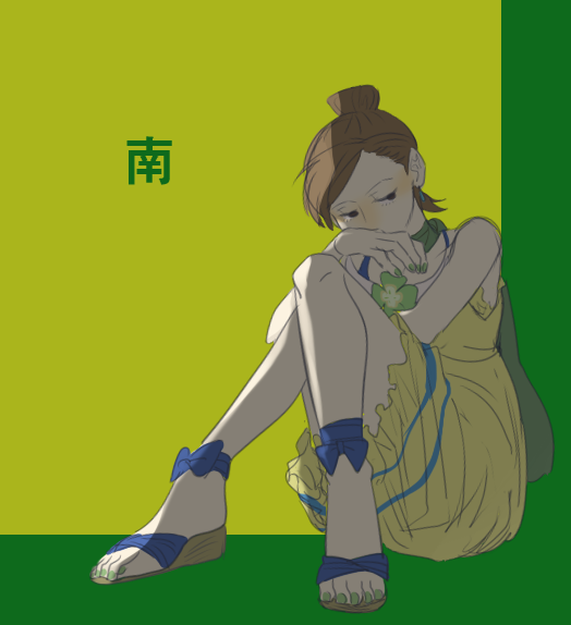 1girl, ace_attorney, alita_tiala, blue_footwear, brown_eyes, brown_hair, convenient_skirt, dress, earrings, frilled_dress, frills, green_nails, hair_bun, hands_up, jewelry, kaburiburi, knees_up, platform_footwear, sandals, short_dress, sitting, sleeveless, sleeveless_dress, solo, swept_bangs, two-tone_background, yellow_dress