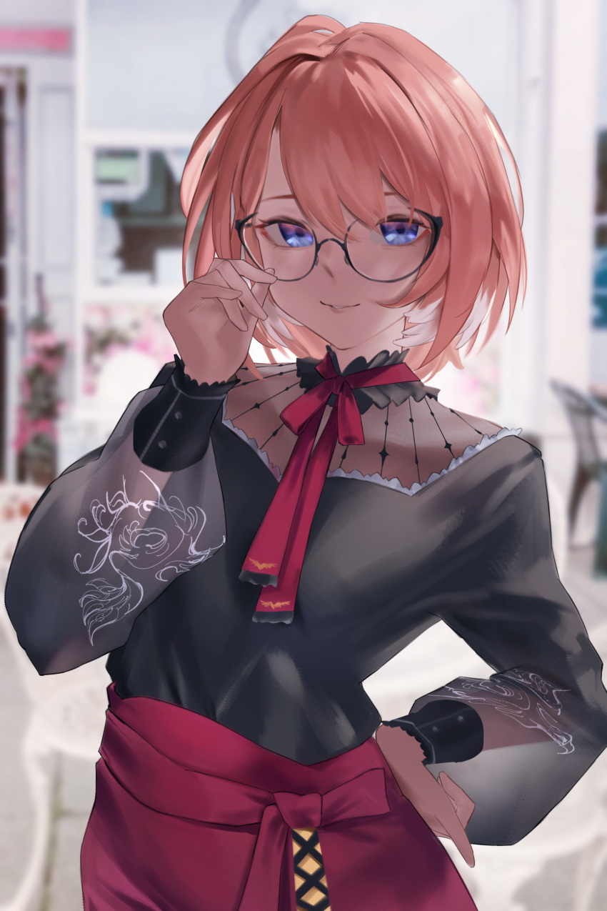 1girl, absurdres, adjusting_eyewear, aragiken, black-framed_eyewear, black_shirt, glasses, hand_on_own_hip, head_wings, highres, hololive, looking_at_viewer, official_alternate_costume, pink_hair, red_skirt, see-through, see-through_sleeves, shirt, short_hair, skirt, smile, solo, takane_lui, takane_lui_(3rd_costume), violet_eyes, virtual_youtuber, wings