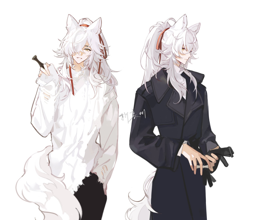 1boy, absurdres, alternate_costume, animal_ears, bishounen, black_gloves, coat, fox_boy