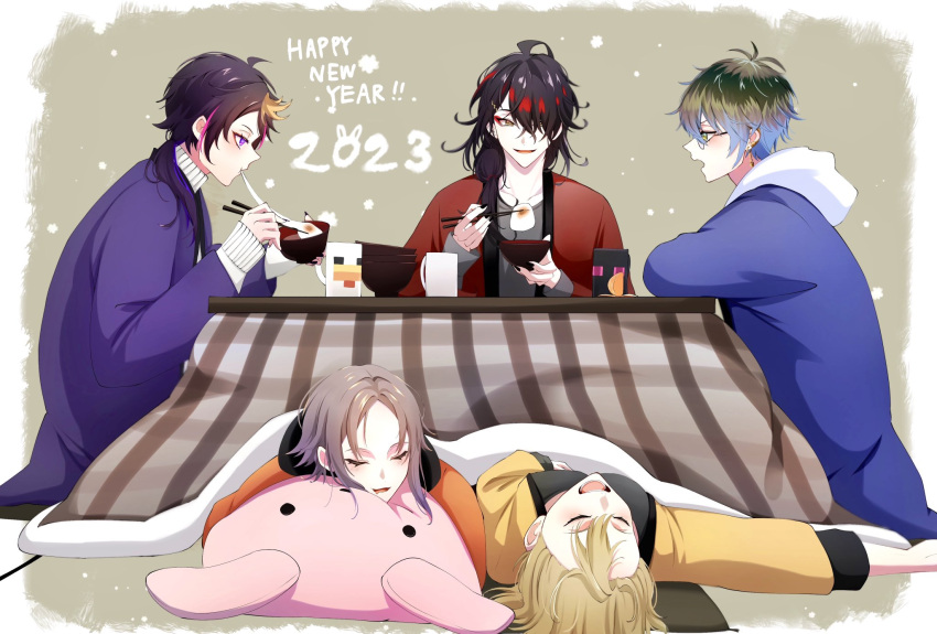 2023, 5boys, :d, ahoge, aki_(aki_113), black_hair, blonde_hair, blue_hair