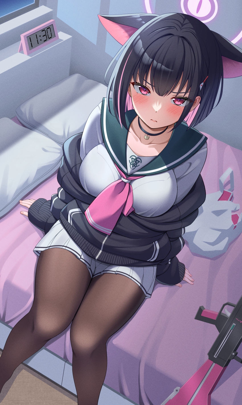 1girl, absurdres, alarm_clock, animal_ears, bag, bed, black_hair, black_pantyhose
