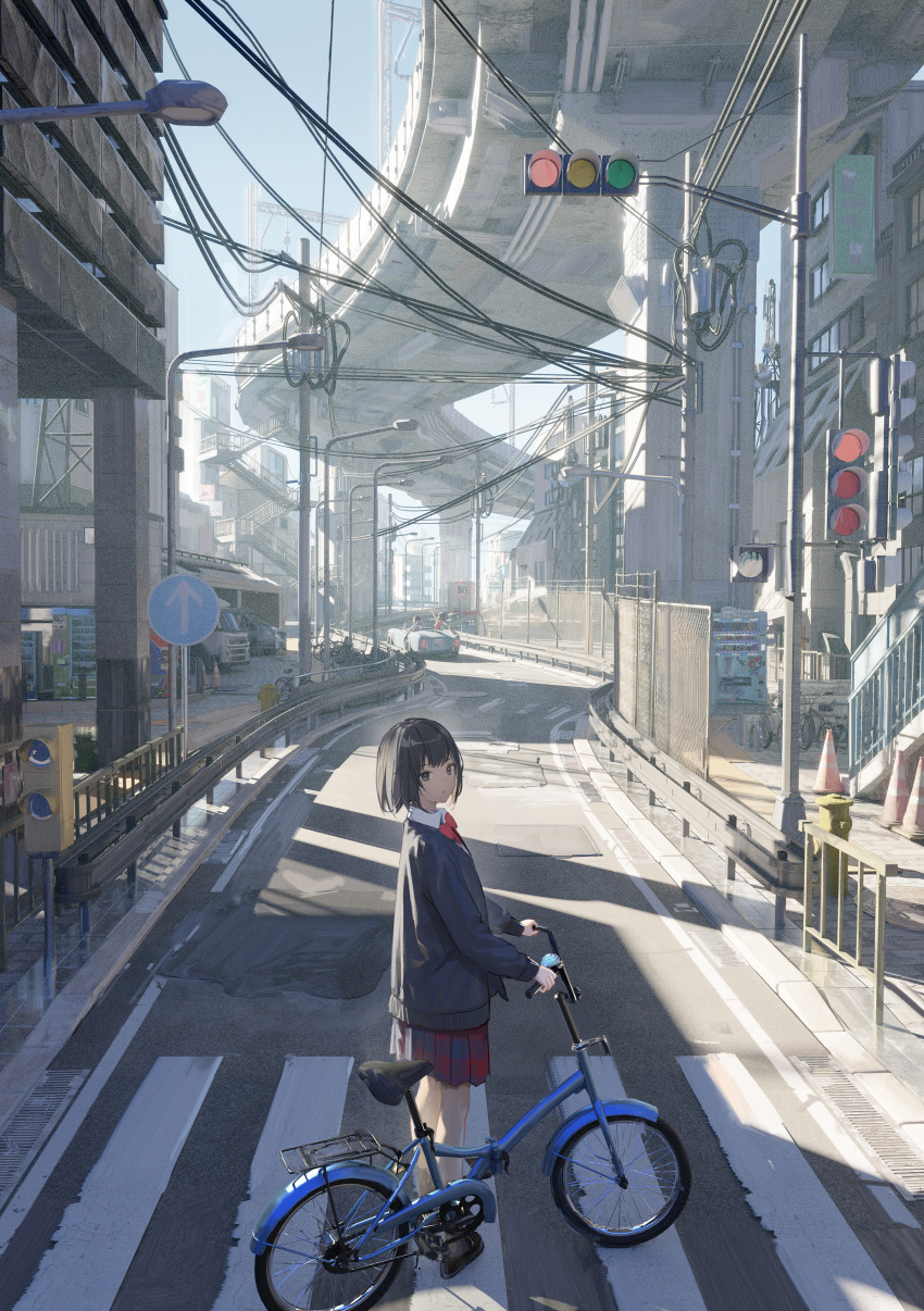 1girl, absurdres, arrow_(symbol), ata-zhubo, bicycle, billboard, black_eyes, black_footwear