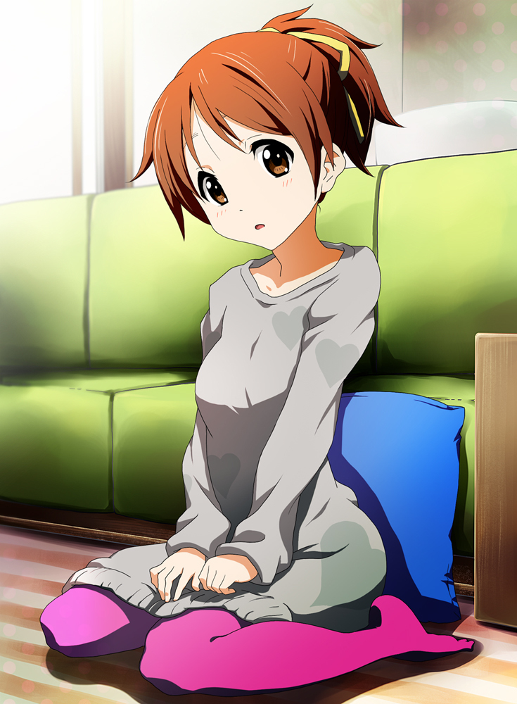 :o, brown_eyes, brown_hair, hair_ribbon, heart, heart_print, hirasawa_ui, k-on!