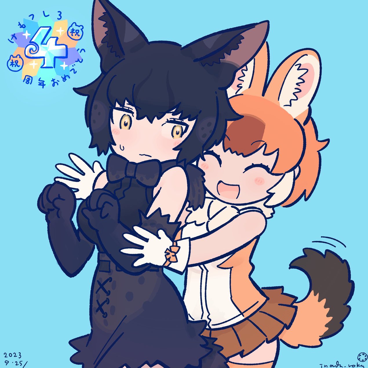 2girls, animal_ears, anniversary, black_hair, black_serval_(kemono_friends), blue_background, bow, bowtie
