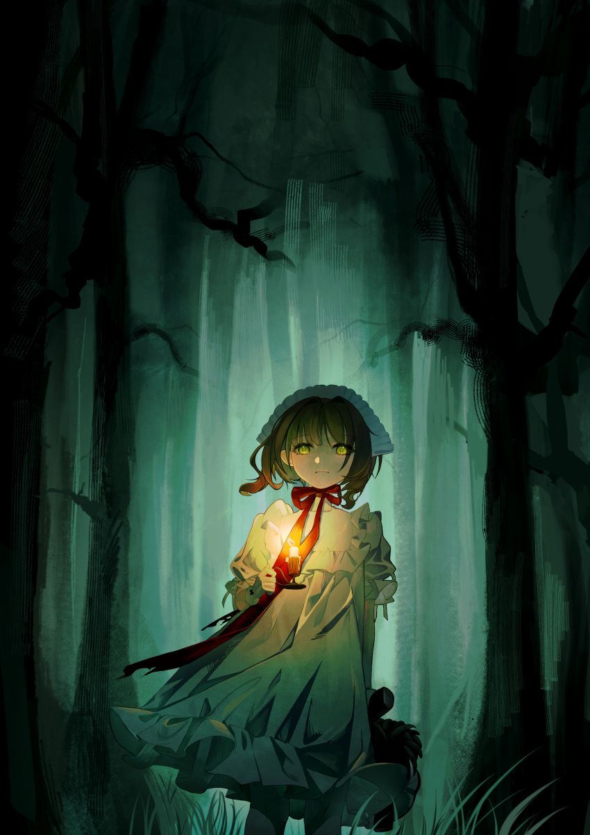 1girl, absurdres, brown_hair, candle, candlelight, candlestand, child, chin_strap