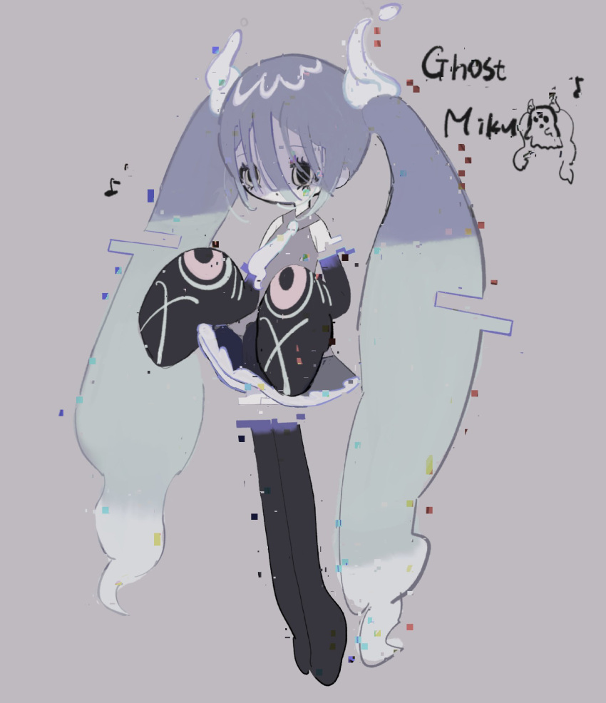 1girl, black_footwear, black_skirt, black_sleeves, boots, character_name, choppy_bangs, colored_skin, commentary, detached_arm, detached_legs, detached_sleeves, dilated_pupils, dot_mouth, empty_eyes, expressionless, floating, full_body, ghost_miku_(project_voltage), glitch, grey_background, grey_hair, grey_shirt, hair_ornament, hair_over_eyes, hands_up, hatsune_miku, highres, long_bangs, long_hair, looking_ahead, miniskirt, multicolored_hair, pokemon, project_voltage, shaded_face, shirt, simple_background, skirt, sleeveless, sleeveless_shirt, sleeves_past_fingers, sleeves_past_wrists, solo, thigh_boots, twintails, very_long_hair, vocaloid, white_hair, white_skin, yellow_eyes, zurazzz