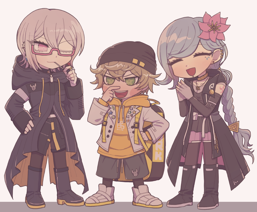 1boy, 1girl, 1other, backpack, bag, beanie, belt_pouch, black_coat, black_dress, black_footwear, black_pants, black_thighhighs, blonde_hair, blue_eyes, blue_hair, boots, braid, candy, choker, closed_eyes, closed_mouth, coat, commentary_request, desuhiko_thunderbolt, dress, ear_piercing, elbow_gloves, facial_mark, fingerless_gloves, flower, food, fubuki_clockford, full_body, glasses, gloves, green_eyes, grey_hair, hair_between_eyes, hair_flower, hair_ornament, halara_nightmare, hand_on_own_hip, hands_up, hat, holding, holding_candy, holding_food, holding_lollipop, hood, hood_down, hooded_coat, hoodie, jewelry, knee_boots, lollipop, long_hair, long_sleeves, master_detective_archives:_rain_code, necklace, nihechi, one_eye_closed, open_mouth, own_hands_together, pants, piercing, pink-framed_eyewear, pink_eyes, pink_flower, pink_shorts, pouch, ring, scratching_nose, semi-rimless_eyewear, short_dress, short_hair, shorts, shoulder_tattoo, single_braid, sleeveless_coat, smile, standing, symbol_in_eye, tattoo, thigh-highs, yellow_choker, yellow_hoodie