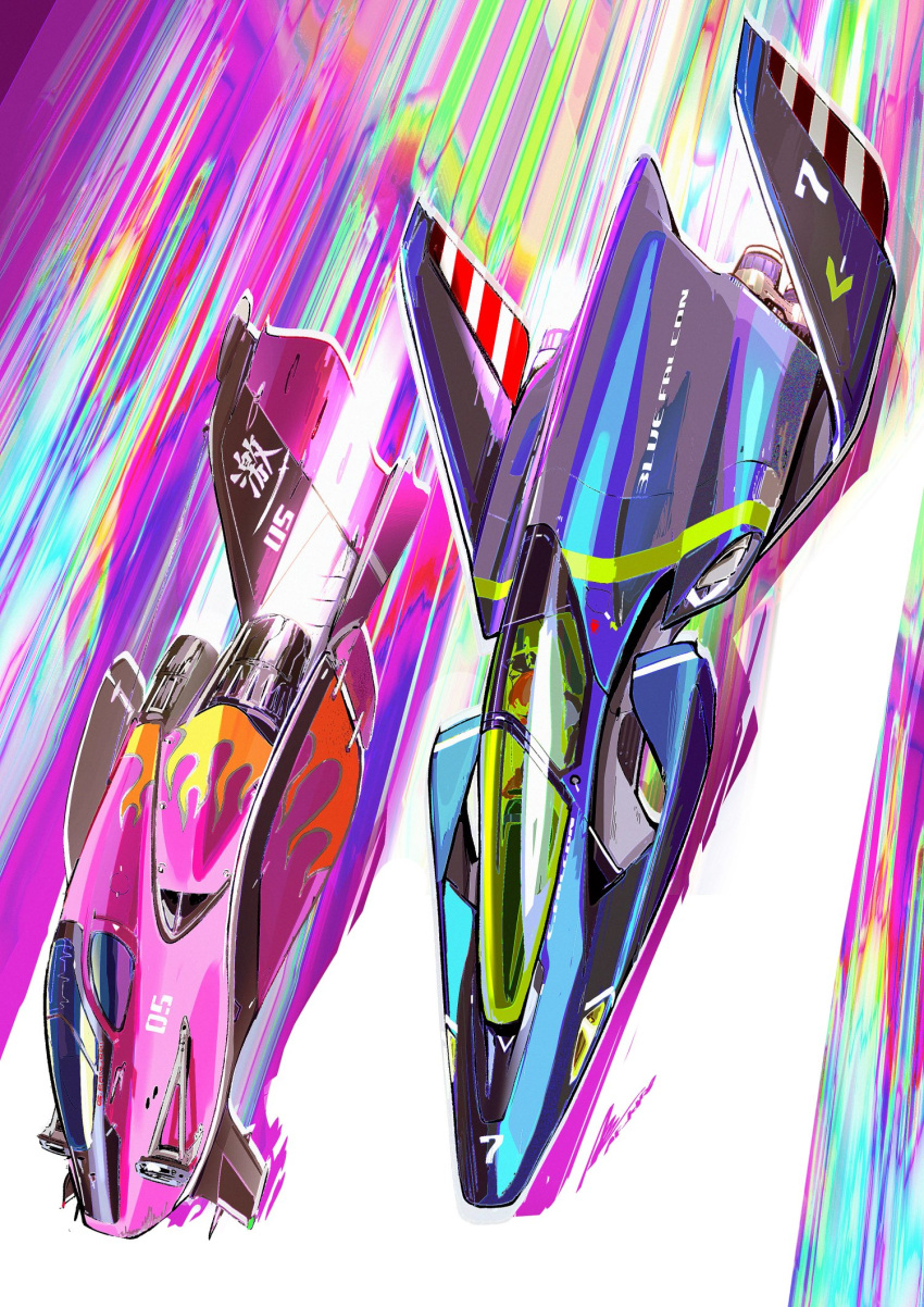 afukuro, blue_falcon, canopy_(aircraft), f-zero, from_above, highres, hover_vehicle, motion_lines, no_humans, race_vehicle, racing, science_fiction, thrusters, vehicle_focus