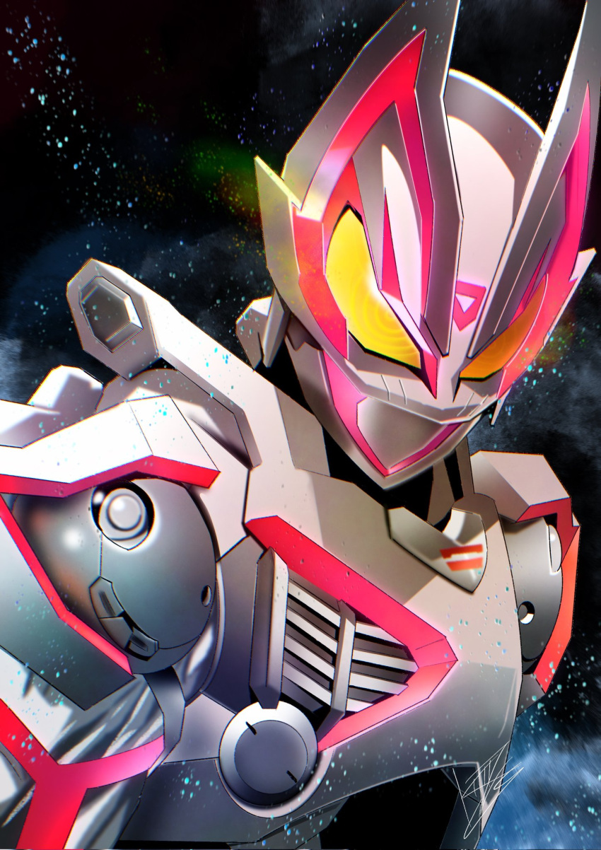 1boy, armor, commentary_request, dark_background, daztrtm3mkm8i6c, fox_mask, glowing, highres, kamen_rider, kamen_rider_geats, kamen_rider_geats_(series), kamen_rider_geats_ix, light_particles, mask, ringed_eyes, signature, solo, tokusatsu, upper_body, white_armor, yellow_eyes