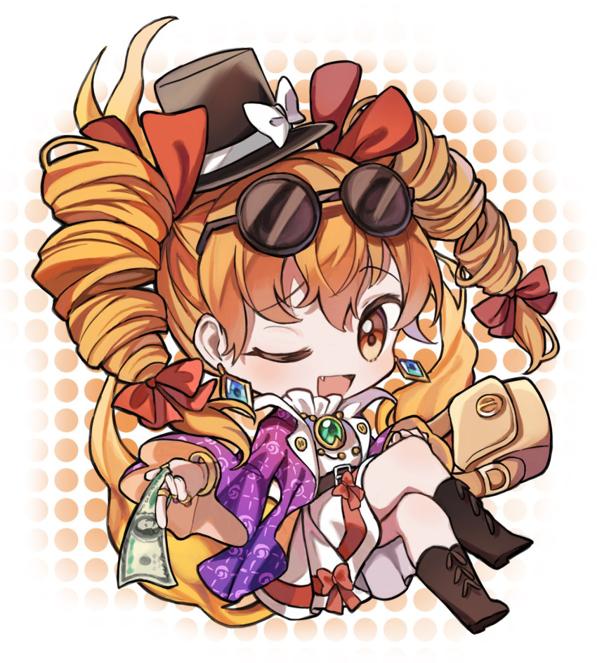 1girl, bag, belt, black_headwear, boots, bow, brown_footwear, chibi
