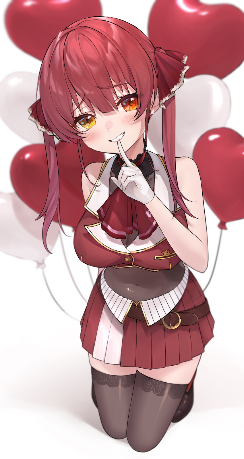 1girl, absurdres, balloon, bega_(omuraisu_820), breasts, finger_to_mouth, hair_ribbon, heart_balloon, heterochromia, highres, hololive, houshou_marine, houshou_marine_(1st_costume), looking_at_viewer, red_eyes, redhead, ribbon, simple_background, skirt, sleeveless, smile, solo, virtual_youtuber, white_background, yellow_eyes