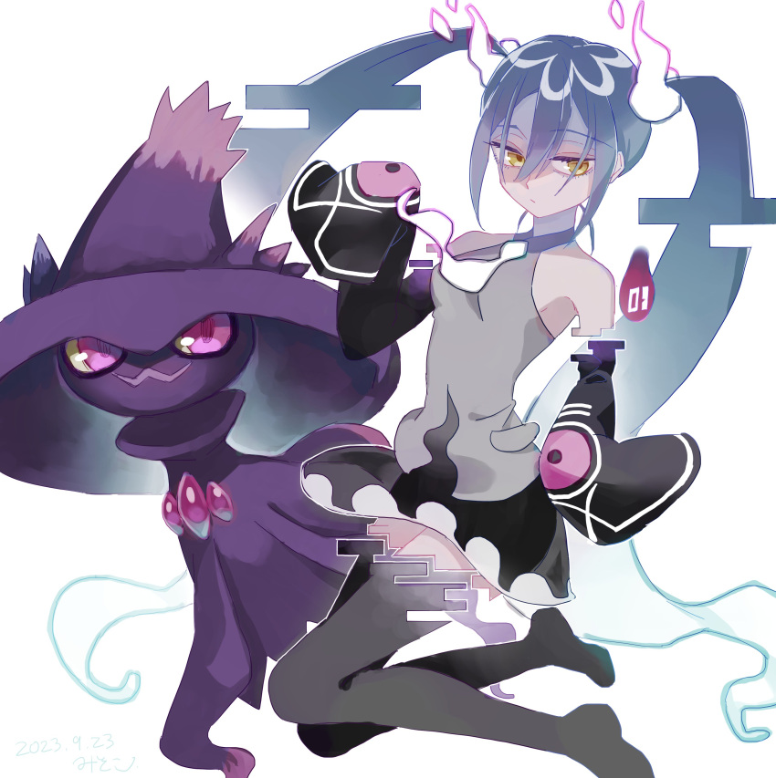 1girl, absurdres, bare_shoulders, black_sleeves, black_thighhighs, breasts, closed_mouth, colored_sclera