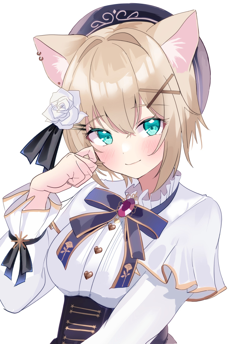 1girl, absurdres, angel_wings, animal_ears, beret, black_bow, black_bowtie, black_headwear