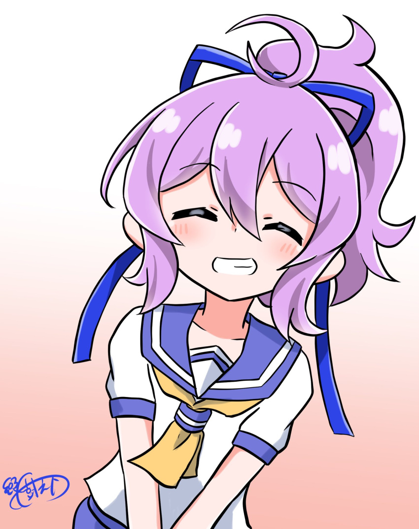 1girl, ahoge, aoba_(kancolle), blue_ribbon, closed_eyes, facing_viewer, gradient_background, hair_ribbon
