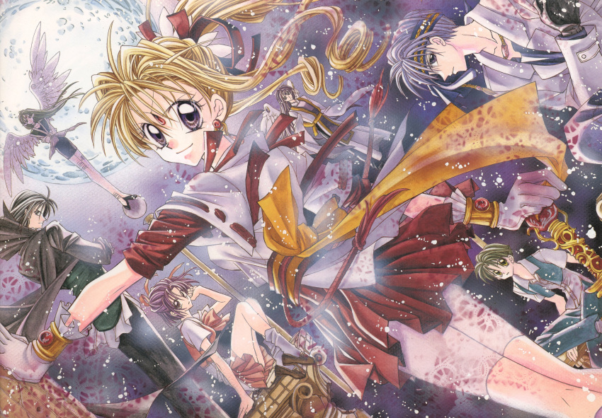 3girls, 4boys, absurdres, blonde_hair, dutch_angle, finn_fish, gloves, highres