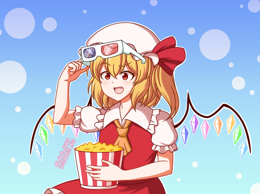 1girl, 3d_glasses, ascot, blonde_hair, blue_background, commentary, crystal, dotted_background