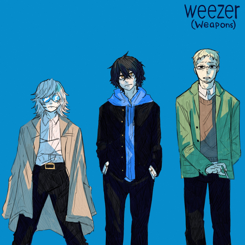 1girl, 2boys, absurdres, album_cover, album_cover_redraw, black_hair, blonde_hair, blue_background