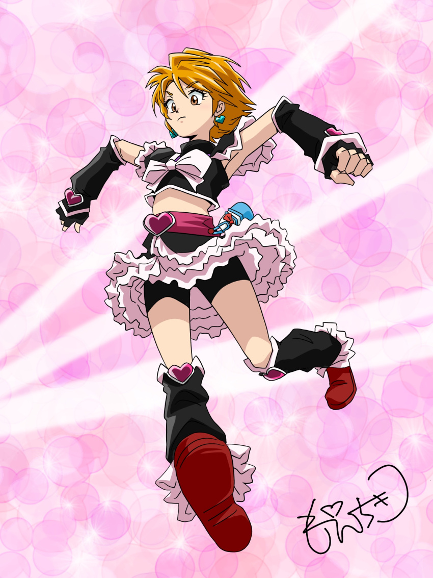 1girl, bike_shorts, bike_shorts_under_skirt, black_shorts, cure_black, detached_sleeves, dress, earrings