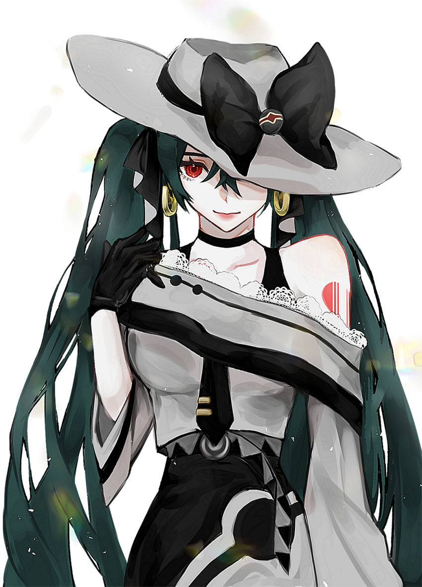 1girl, dark_green_hair, dark_miku_(project_voltage), dusk_ball, earrings, green_hair, hair_ribbon, hatsune_miku